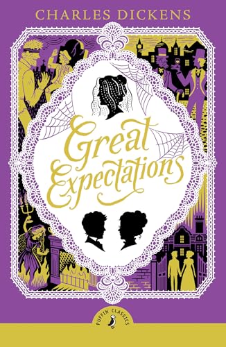 Book cover for Great Expectations with purple background, lace frame, and Victorian character silhouettes.