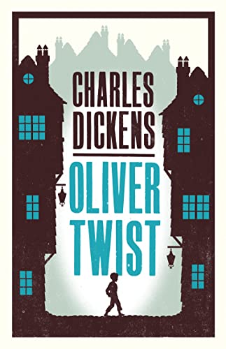 Book cover for "Oliver Twist" by Charles Dickens, with buildings and a figure.