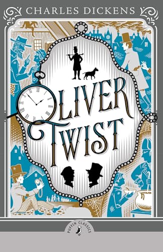 Book cover for "Oliver Twist" by Charles Dickens with illustrated figures.