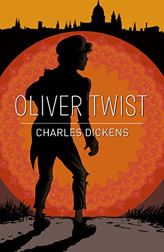 Book cover for "Oliver Twist" featuring a silhouetted boy and city skyline.