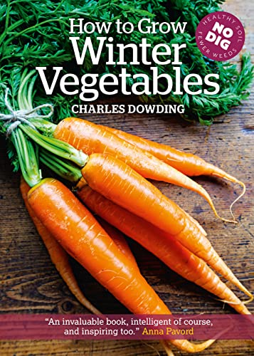 Book cover: "How to Grow Winter Vegetables" with carrots on a wood surface.