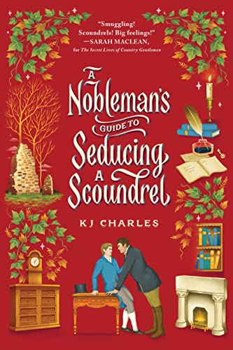 Book cover with red background, decorative foliage, and two men standing by a desk.