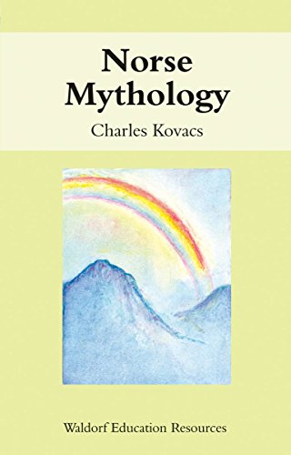 Book cover for “Norse Mythology” with a watercolor rainbow and mountains.