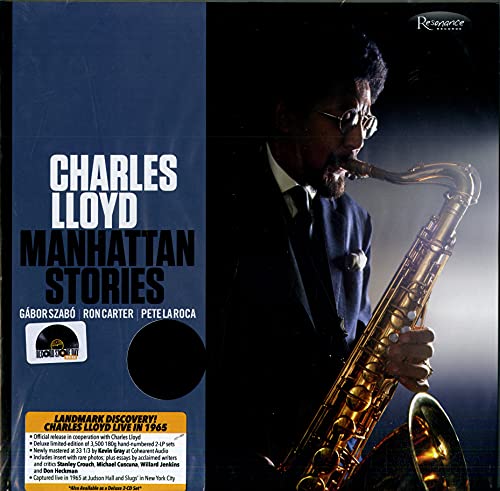 Charles Lloyd album cover: a musician playing a saxophone, blue background.
