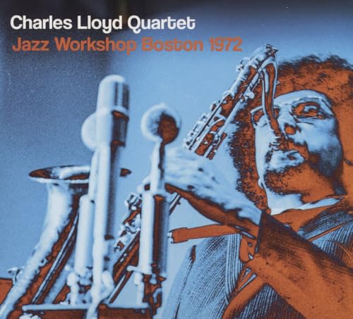 CD cover: Charles Lloyd with saxophone and microphone, blue and orange tones.