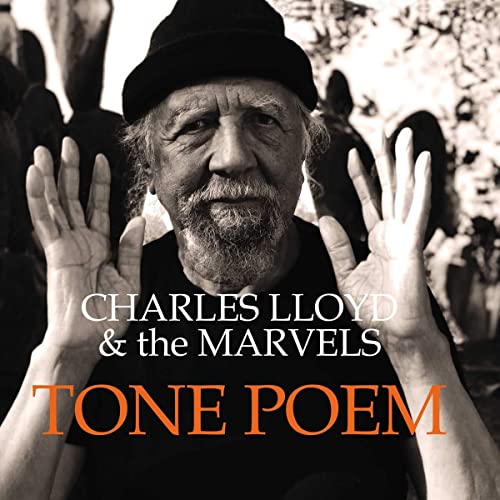 Black and white portrait of Charles Lloyd with album title “Tone Poem”.