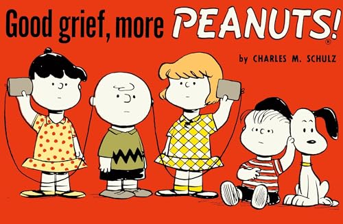 Peanuts characters Lucy, Charlie Brown, Sally, Linus, and Snoopy on an orange background.