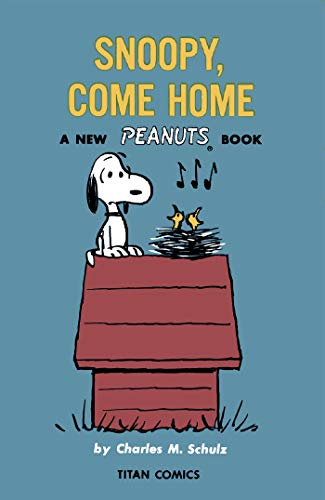 Snoopy sits on a doghouse with birds, book cover illustration.