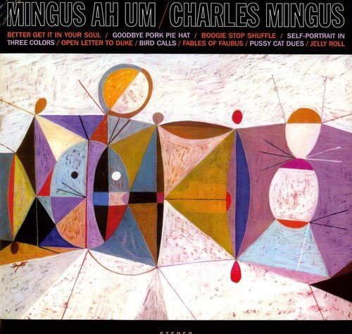 Abstract album cover with colorful shapes and lines on a white background.