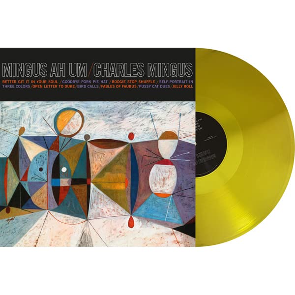 Charles Mingus "Mingus Ah Um" vinyl record with yellow disc and abstract cover.