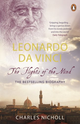 Book cover featuring Leonardo da Vinci’s portrait and a Tuscan cityscape.