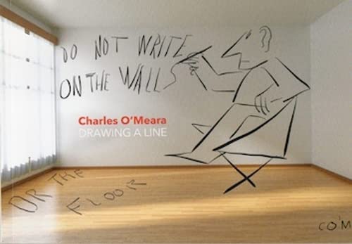 Drawn figure sitting, seemingly drawing on a wall with text above.