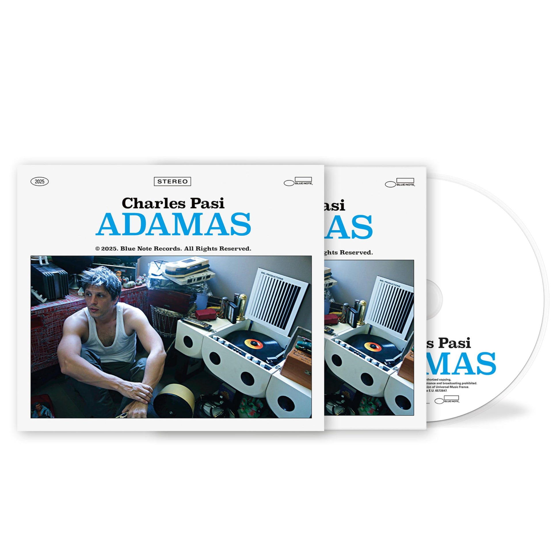 CD cover for Charles Pasi's Adamas featuring a man sitting by a record player.