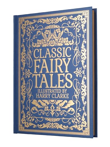 Blue book cover with gold ornate design and title “Classic Fairy Tales”.