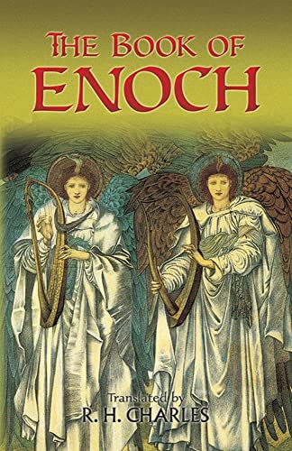 Book cover with angelic figures playing harps, titled "The Book of Enoch.