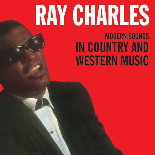 Ray Charles album cover, red background, portrait with sunglasses.