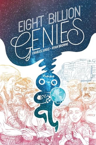 A small, starry blue genie holding a globe surrounded by a crowd of people.