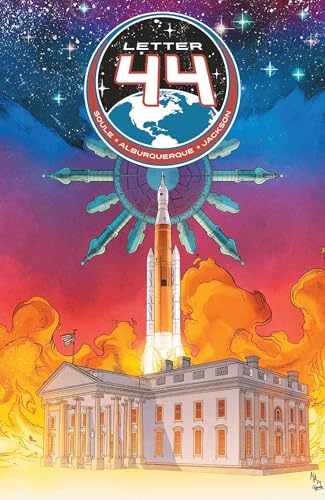 Comic book cover: rocket launch over the White House, space backdrop.