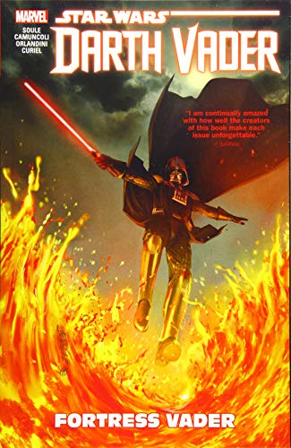 Darth Vader holding a red lightsaber, leaping over flames, on a comic book cover.