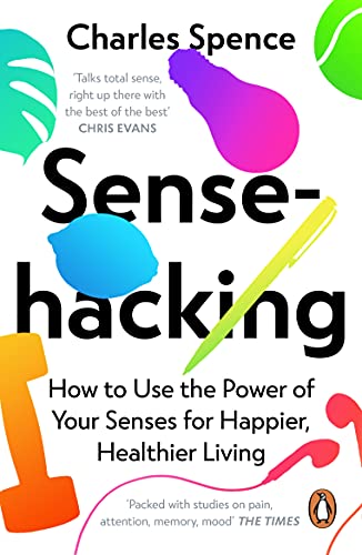 Book cover for "Sensehacking" with colorful abstract shapes and bold text.