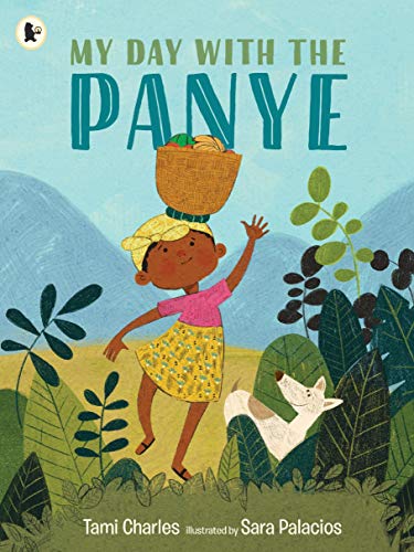 Book cover: girl carrying fruit on her head, illustrated landscape.