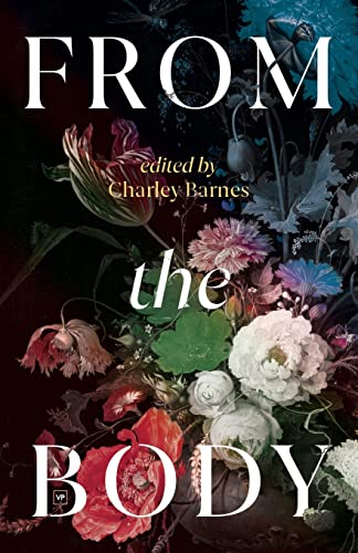Book cover with dark floral still life and large white text.