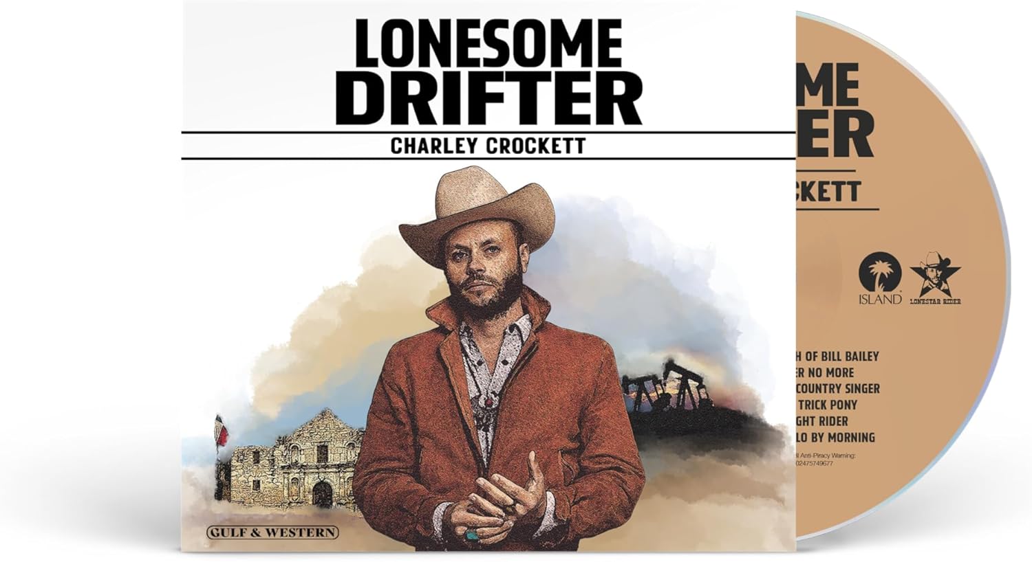 Charley Crockett “Lonesome Drifter” CD cover with artist in a cowboy hat.
