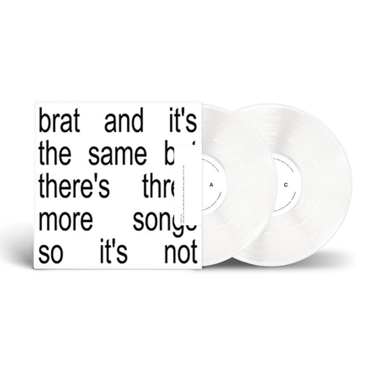 Clear vinyl record with black text reading "brat and it's the same.
