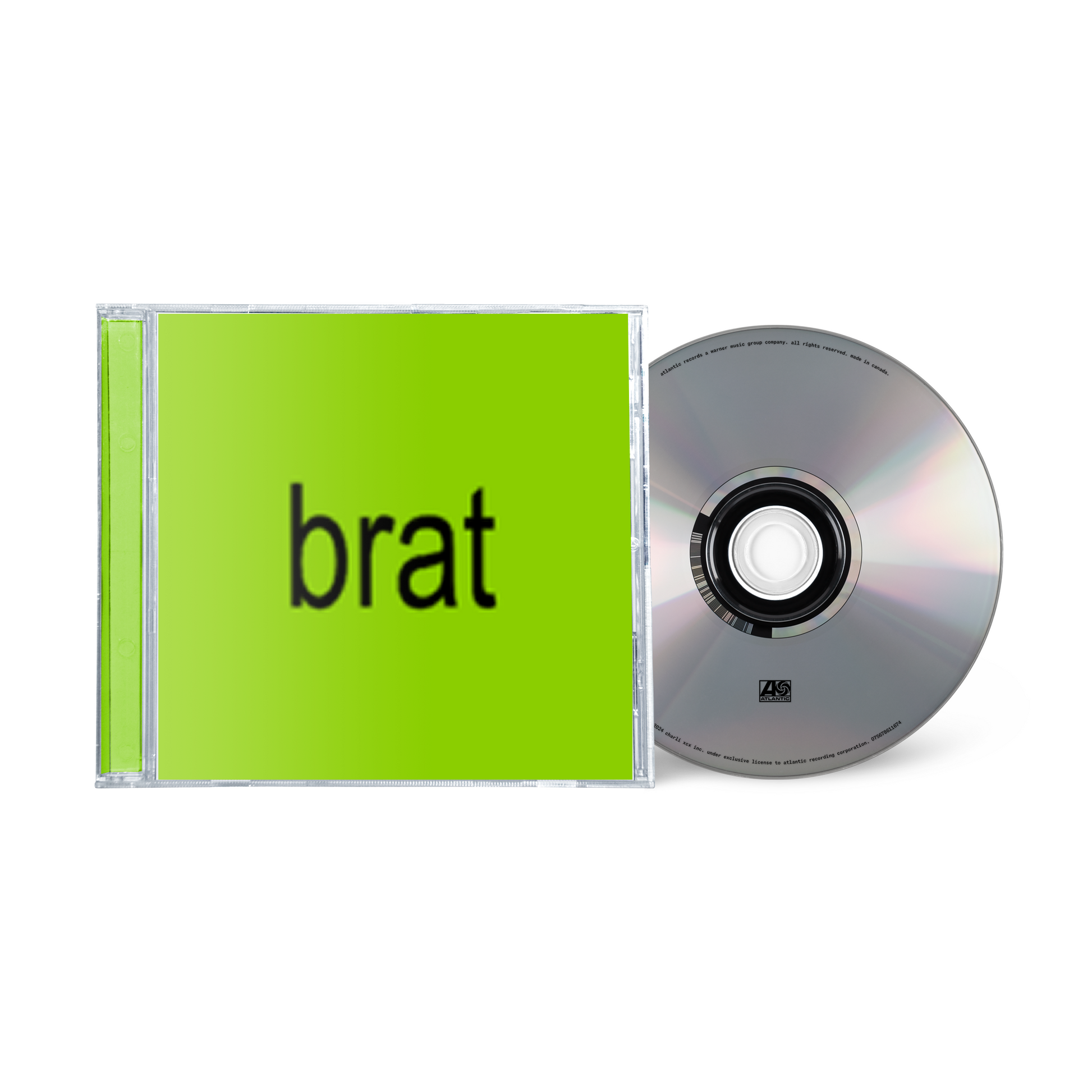 Charli xcx "brat" CD in a clear case with a bright green cover.