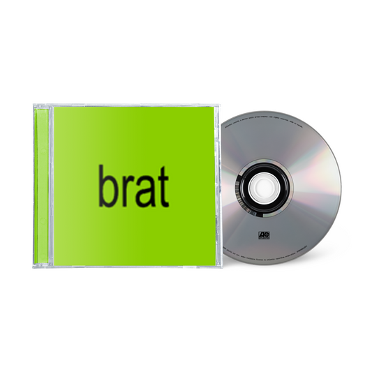 Charli xcx "brat" CD in a clear case with a bright green cover.