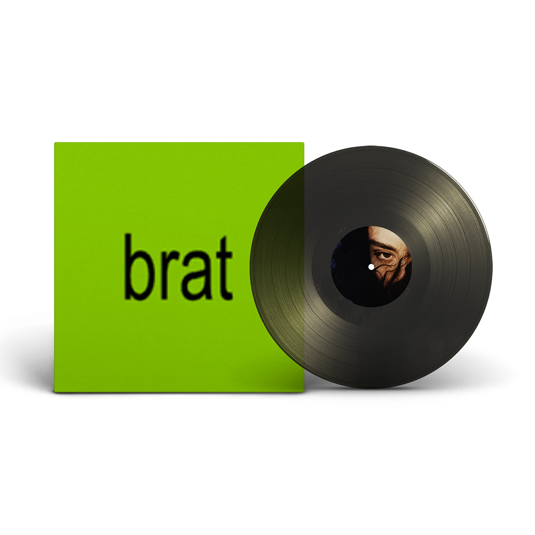 Black vinyl LP with green cover displaying the word "brat".