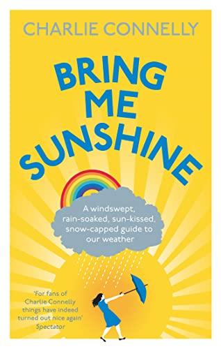 Book cover with bright yellow background, rainbow, and woman with umbrella.
