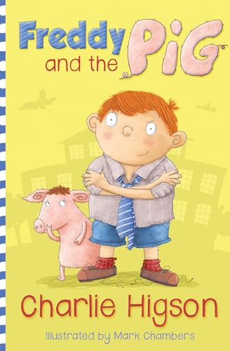 Book cover: boy with arms crossed, pink pig, yellow background.