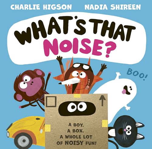 Children’s book cover with a boy in a box, monster, monkey, and ghost.