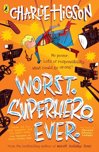 A cartoon boy in a superhero costume hangs from wires surrounded by film cameras.