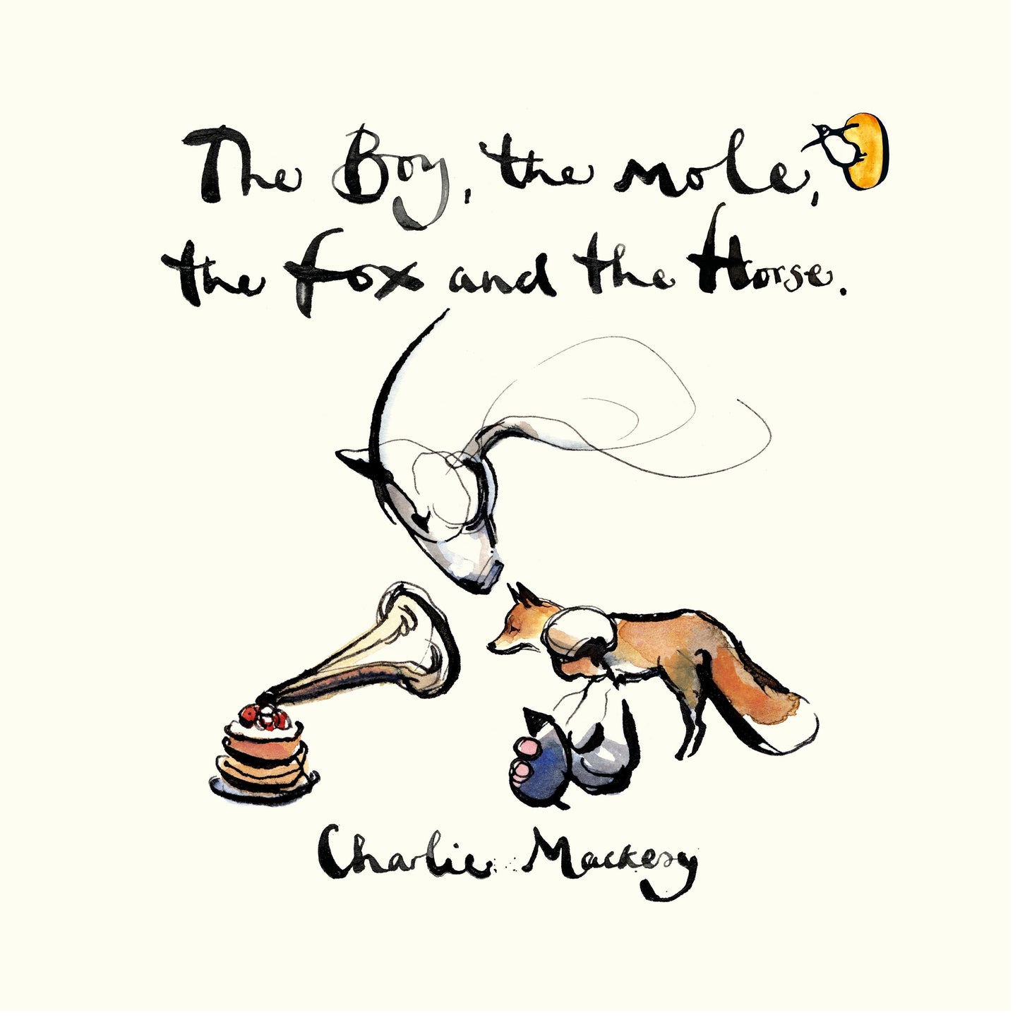 Watercolor illustration of a horse, fox, mole, and cake with text.