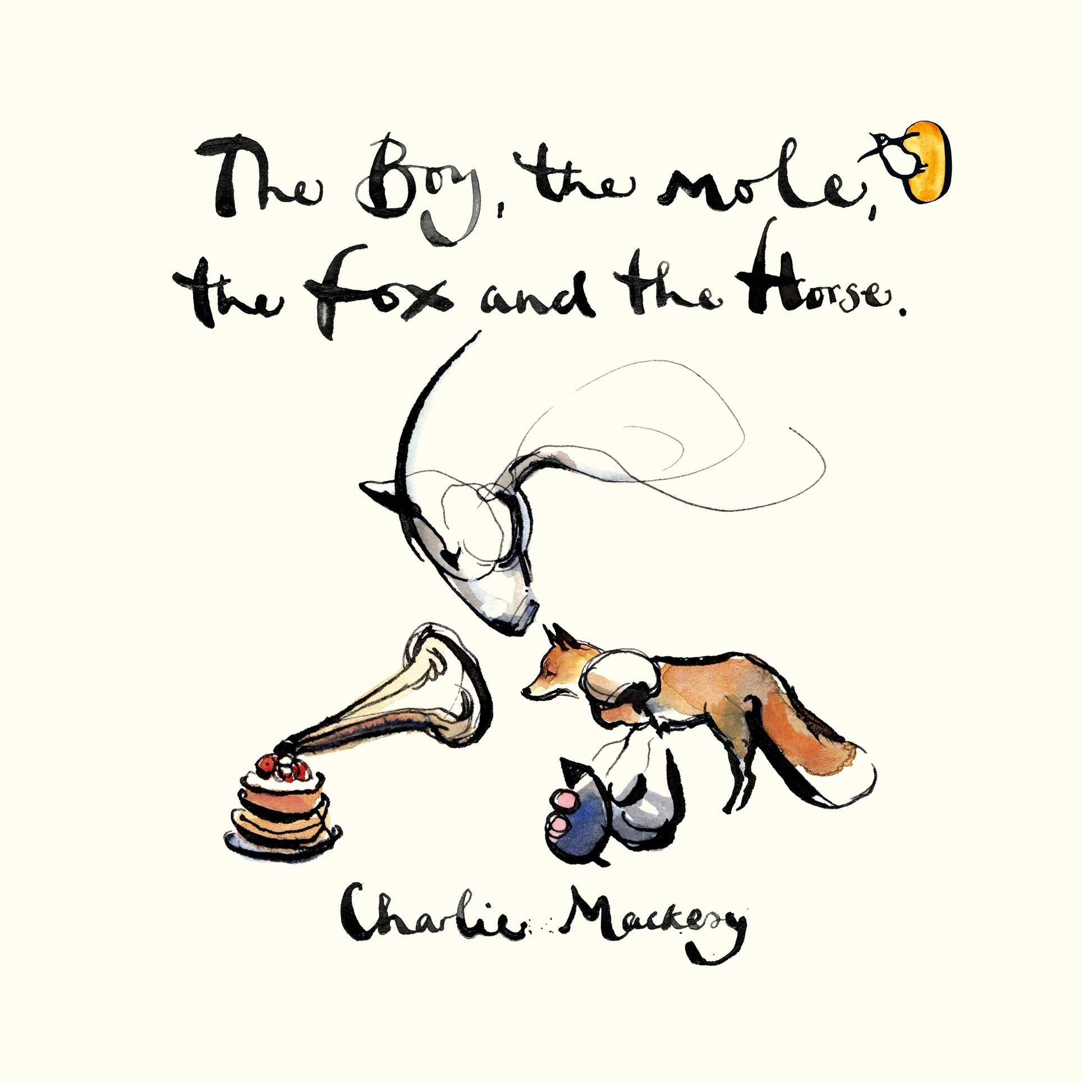 Watercolor illustration of a horse, fox, mole, and cake with text.