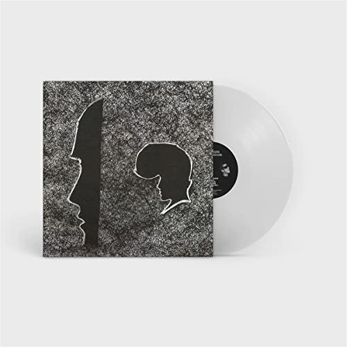 Vinyl record album cover with black and white silhouettes next to a white disc.