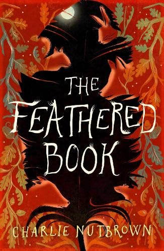 Book cover with a large black feather, animal silhouettes, and oak leaves on red.