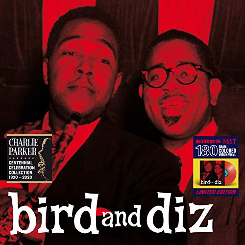 Portraits of Charlie Parker and Dizzy Gillespie on red background, album cover.
