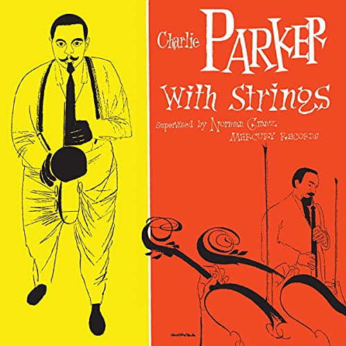 Album cover for Charlie Parker With Strings featuring illustrated portrait and musical notes.