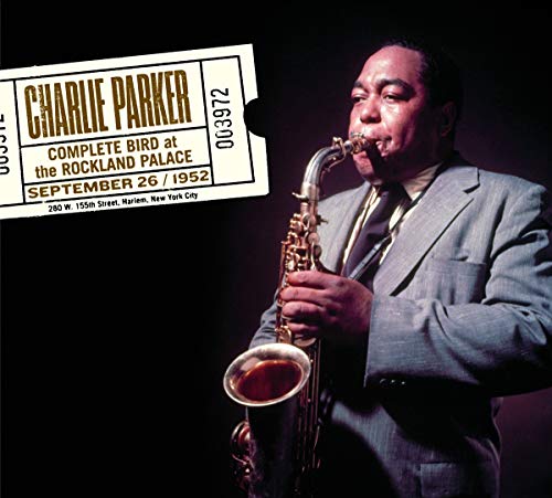Charlie Parker playing saxophone, with a vintage ticket graphic overlay.
