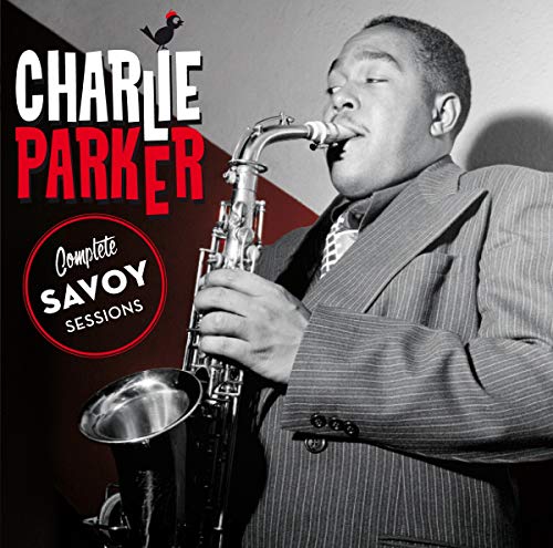 Charlie Parker playing saxophone, album cover with red text and logo.