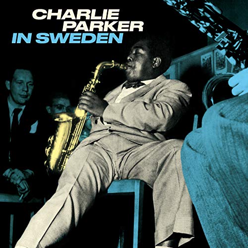 Charlie Parker playing saxophone, album cover with blue and black tones.