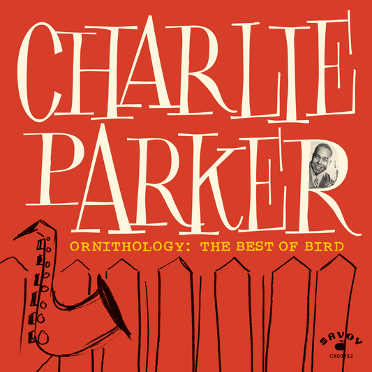 Charlie Parker album cover with portrait, saxophone, and red background.
