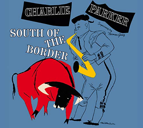 "Album cover featuring a man playing saxophone with a red bull on blue background."