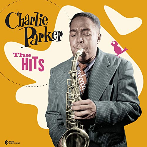 Charlie Parker playing a saxophone on a yellow background with a small pink bird.