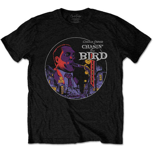Large black t-shirt with graphic of jazz musician Charlie Parker, “Chasin’ The Bird”.