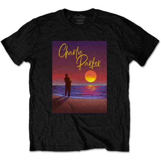 A purple unisex t-shirt featuring a graphic print of Charlie Parker.
