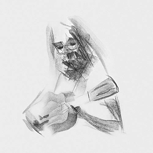 The alt text for the image is: "Sketch of a man playing guitar, rendered in dark pencil strokes."